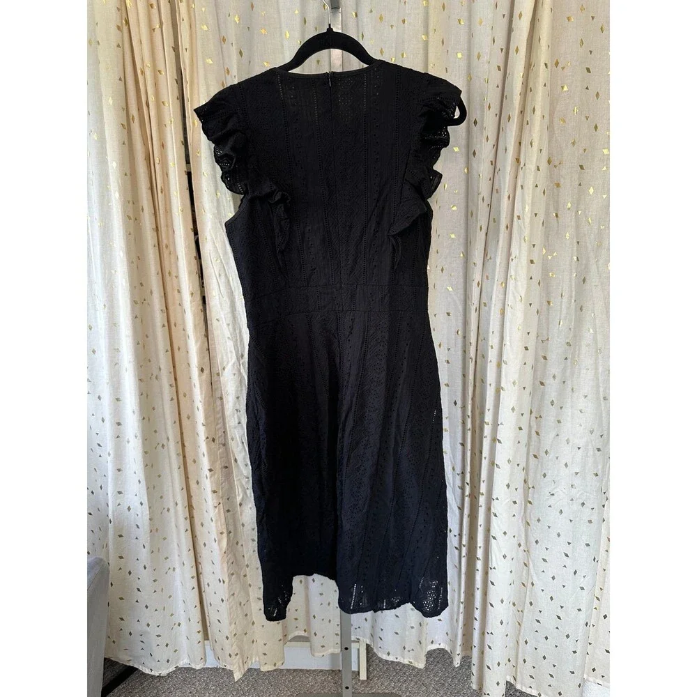NWT Ecowish Women's 100% Cotton Black Eyelet Lace Detail Ruffle Midi Dress M